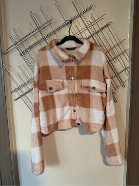 SHEIN Cream and Tan Plaid Teddy Shacket